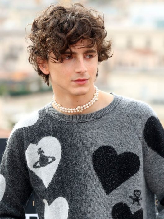 Choker di perle, pull con cuori e pantaloni in pelle nera: Timothée Chalamet è da copiare