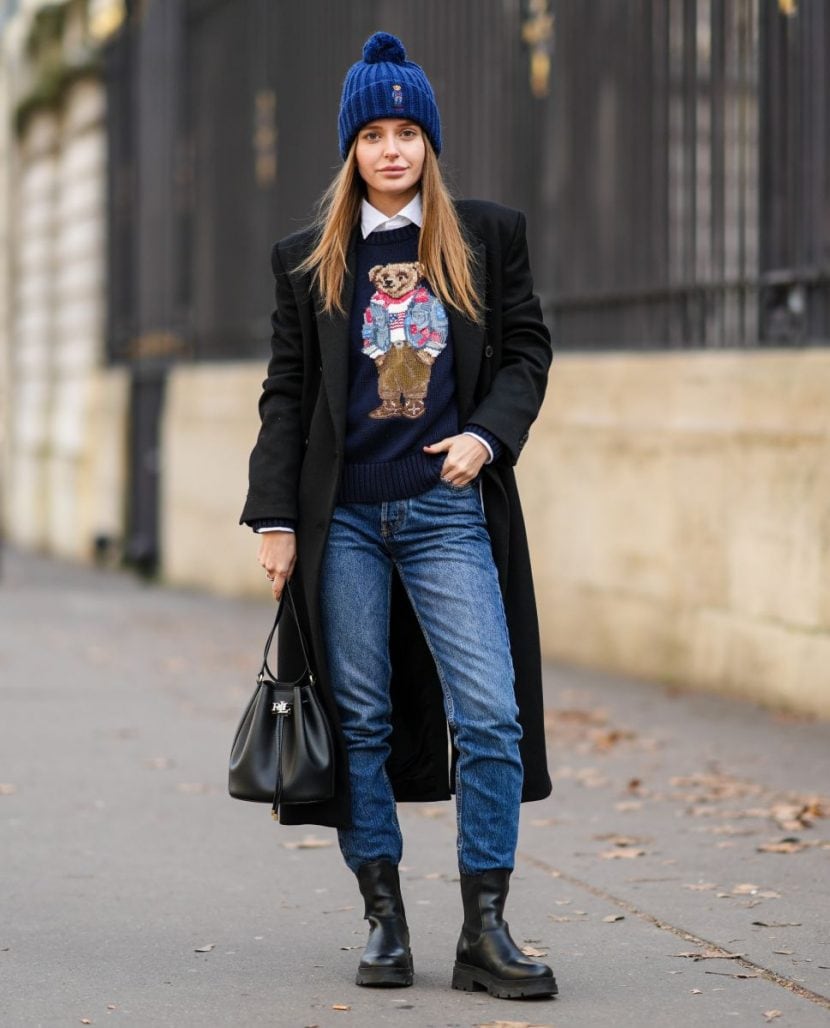 Jacquard Xmas Jumper + jeans e camicia + long coat