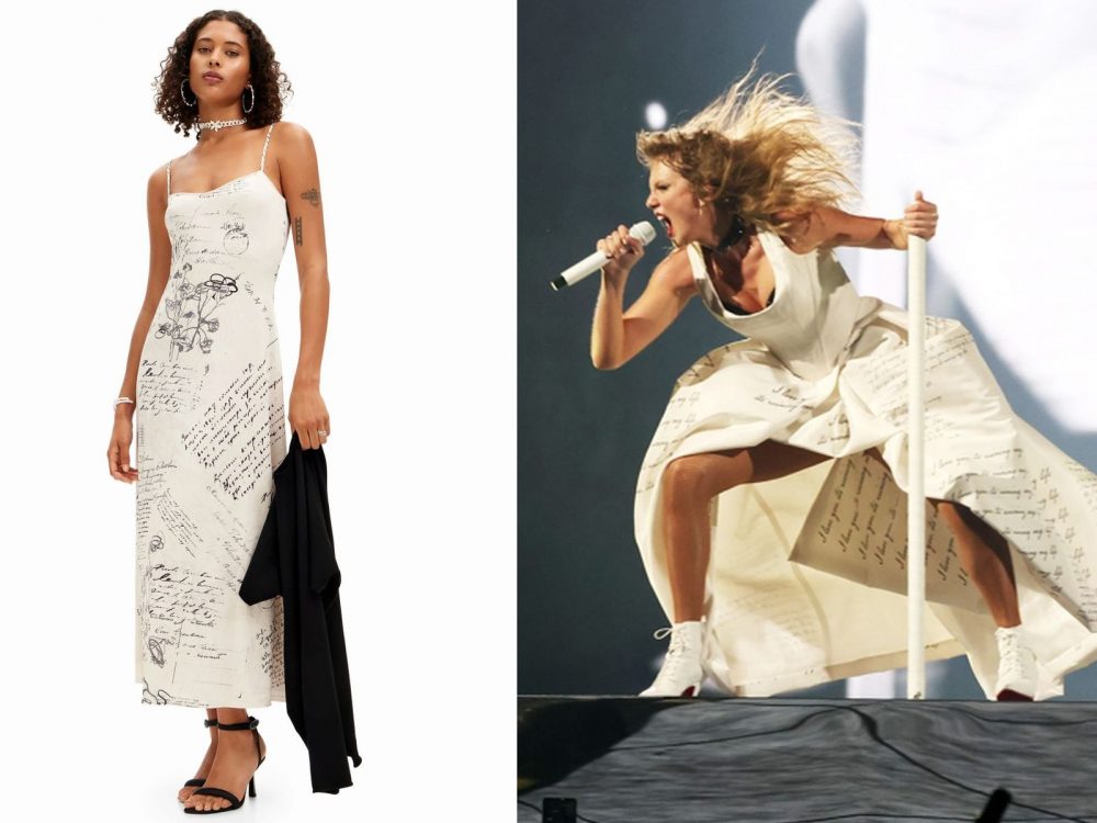 A sin., il Letter Dress di Desigual. A dx., l'abito con stampa lettering indossato da Taylor Swift